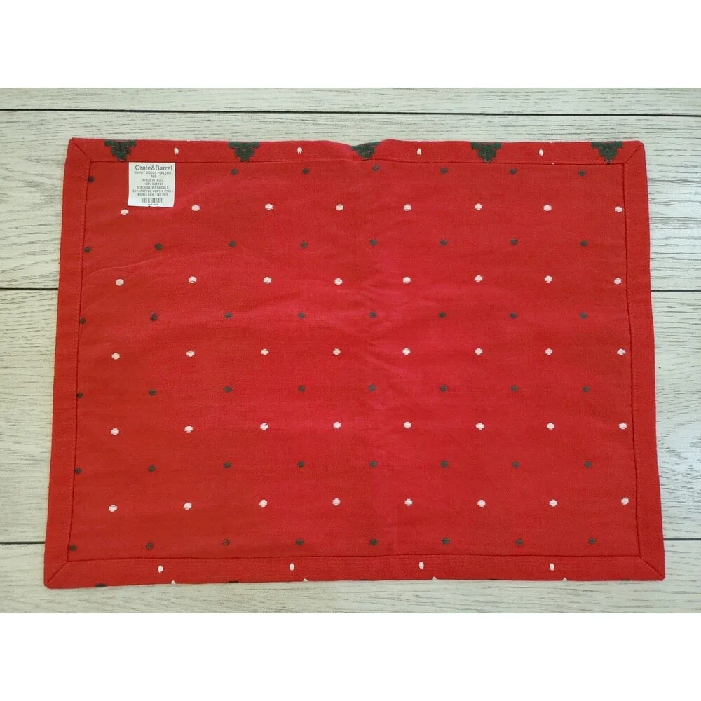 Crate & Barrel Snowy Woods Red Cotton Christmas Tree Placemats Set of 3 19